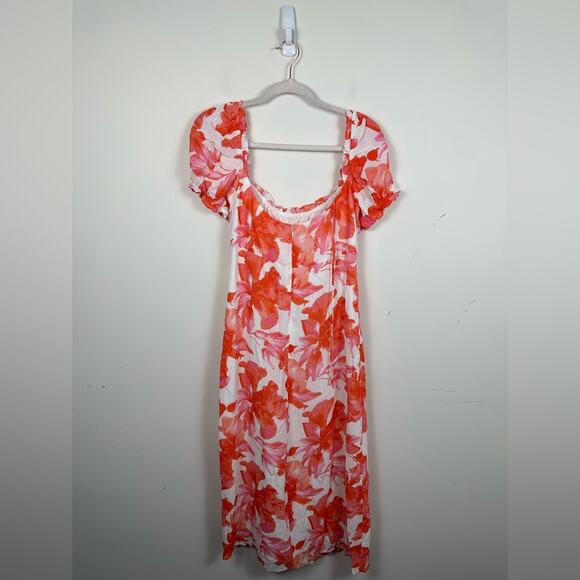 NWT WAYF Felicity Floral Pink Midi Dress in Coral Pink Hibiscus Medium - Picture 4 of 8